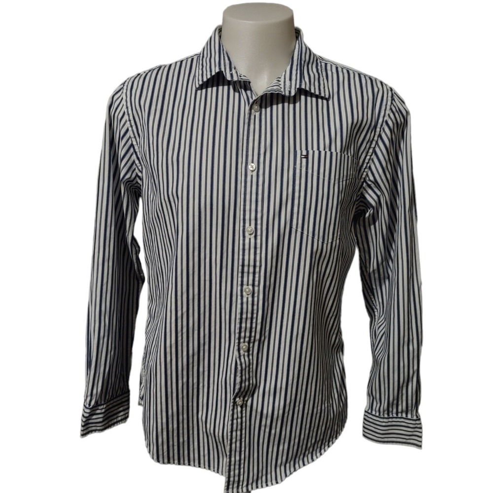 Tommy‎ Hilfiger Shirt Men's Large Norm Core Blue White Striped Custom Fit Logo L